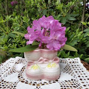 Vintage Ceramic Baby Planter, Baby Booties, Pink and Yellow, Flowers, Vase